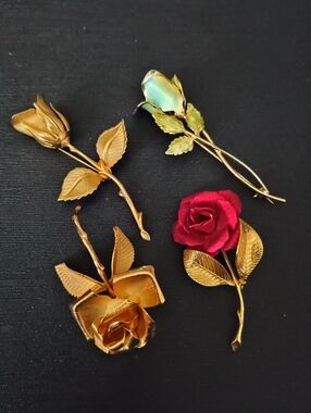 Gold-Tone Floral Rose Brooch Pin with Red Rose Accent